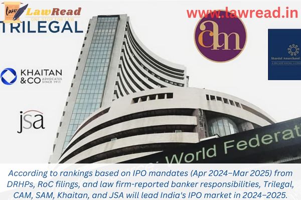 According to rankings based on IPO mandates (Apr 2024–Mar 2025) from DRHPs, RoC filings, and law firm-reported banker responsibilities, Trilegal, CAM, SAM, Khaitan, and JSA will lead India's IPO market in 2024–2025.